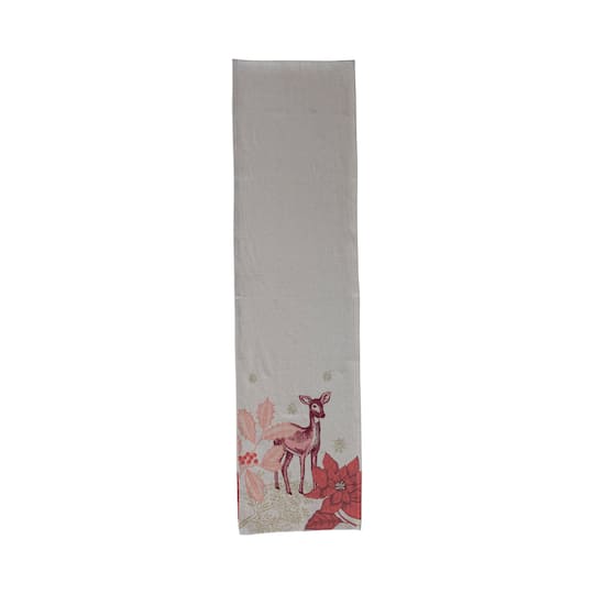 Hello Honey® 72" Natural White Cotton & Linen Printed Table Runner with Flora/Fauna Pattern & Metallic Gold Thread Embroidery
